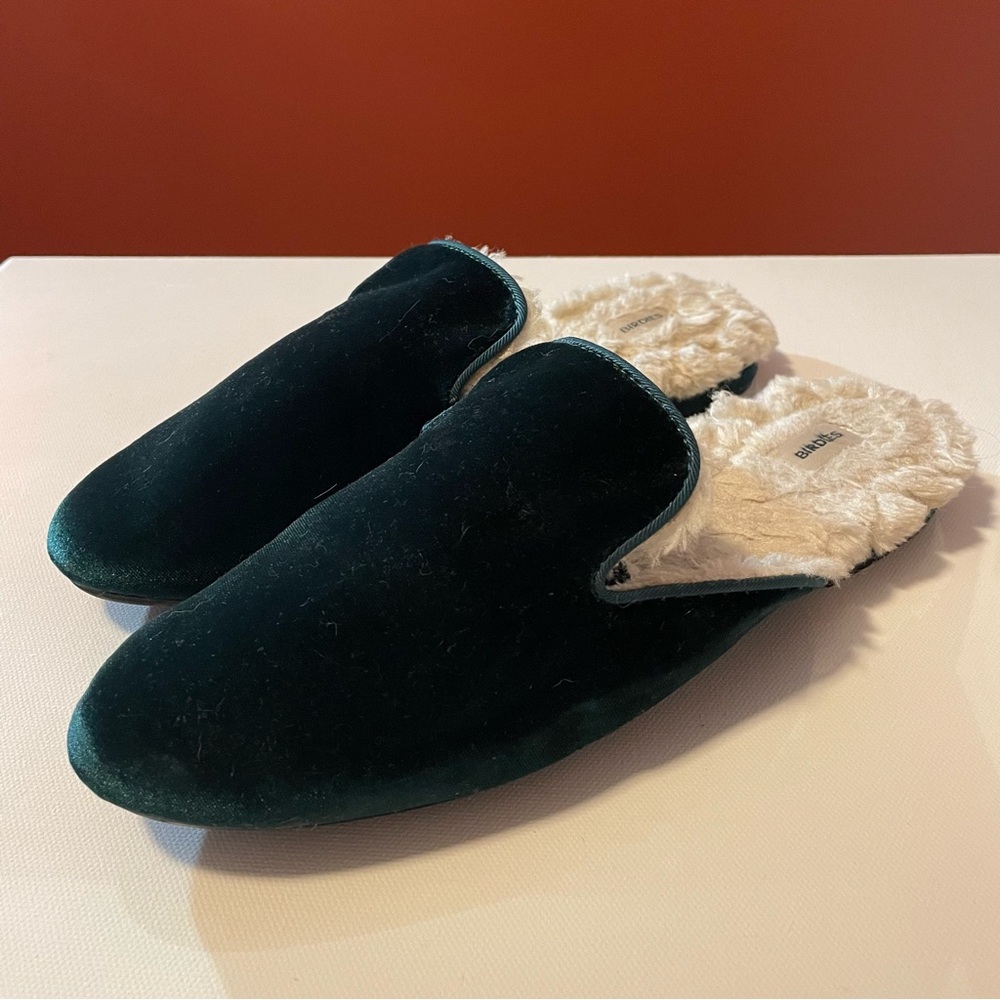 Birdies Women’s The Phoebe‎ Emerald Green Velvet Faux Fur Comfort Mule Slipper